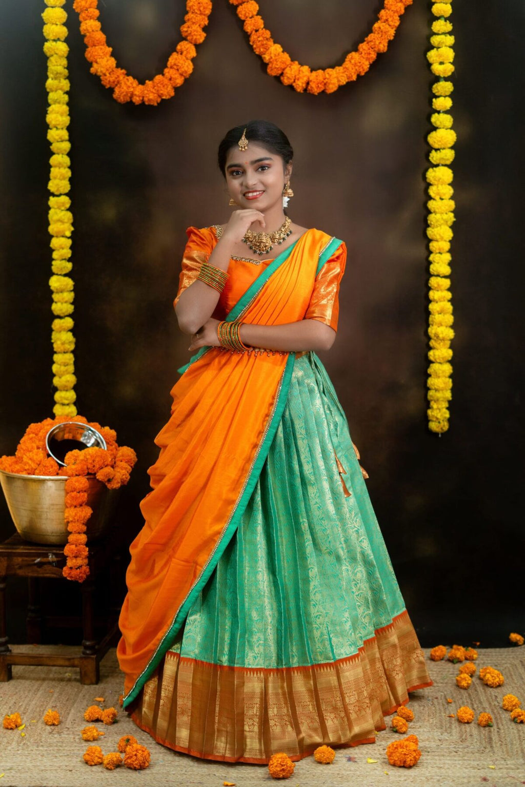 Semi Banarasi Lehenga with Aari Blouse & Lace Work Dupatta
