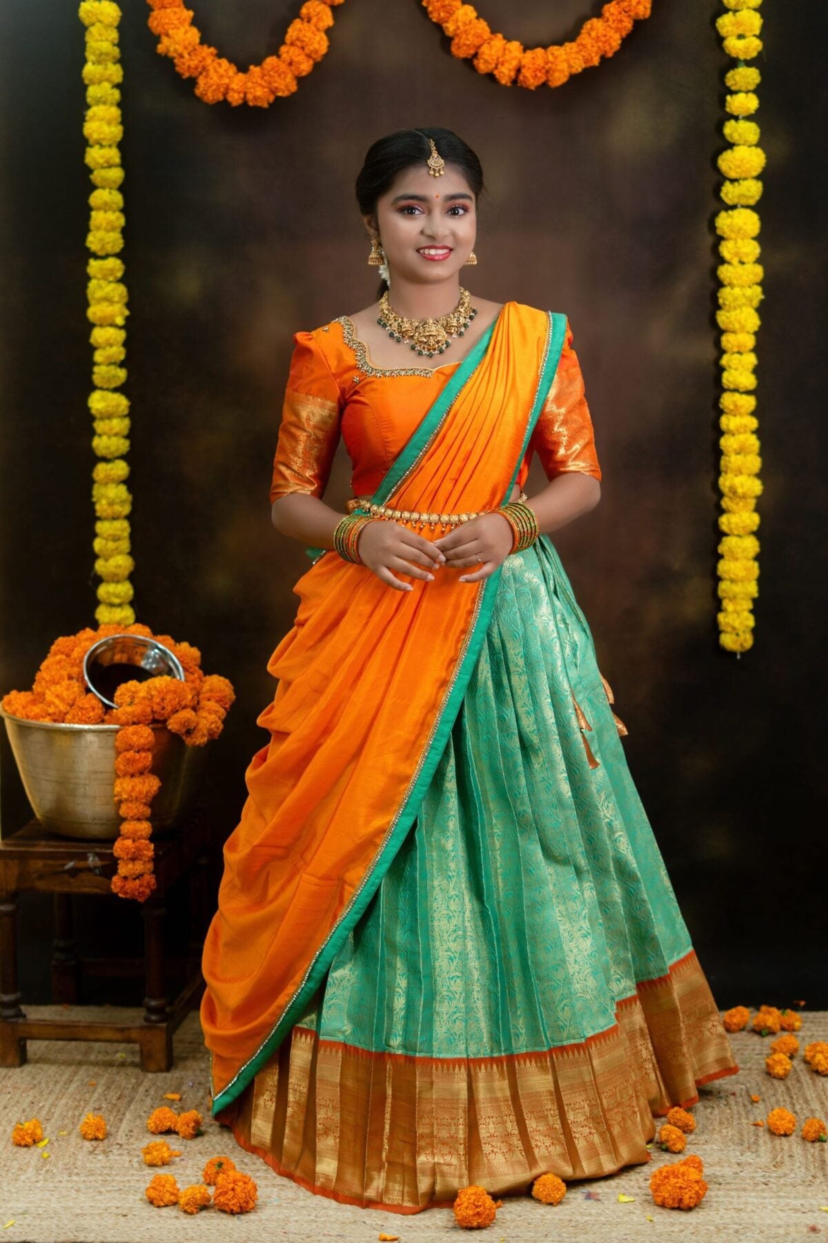 Semi Banarasi Lehenga with Aari Blouse & Lace Work Dupatta