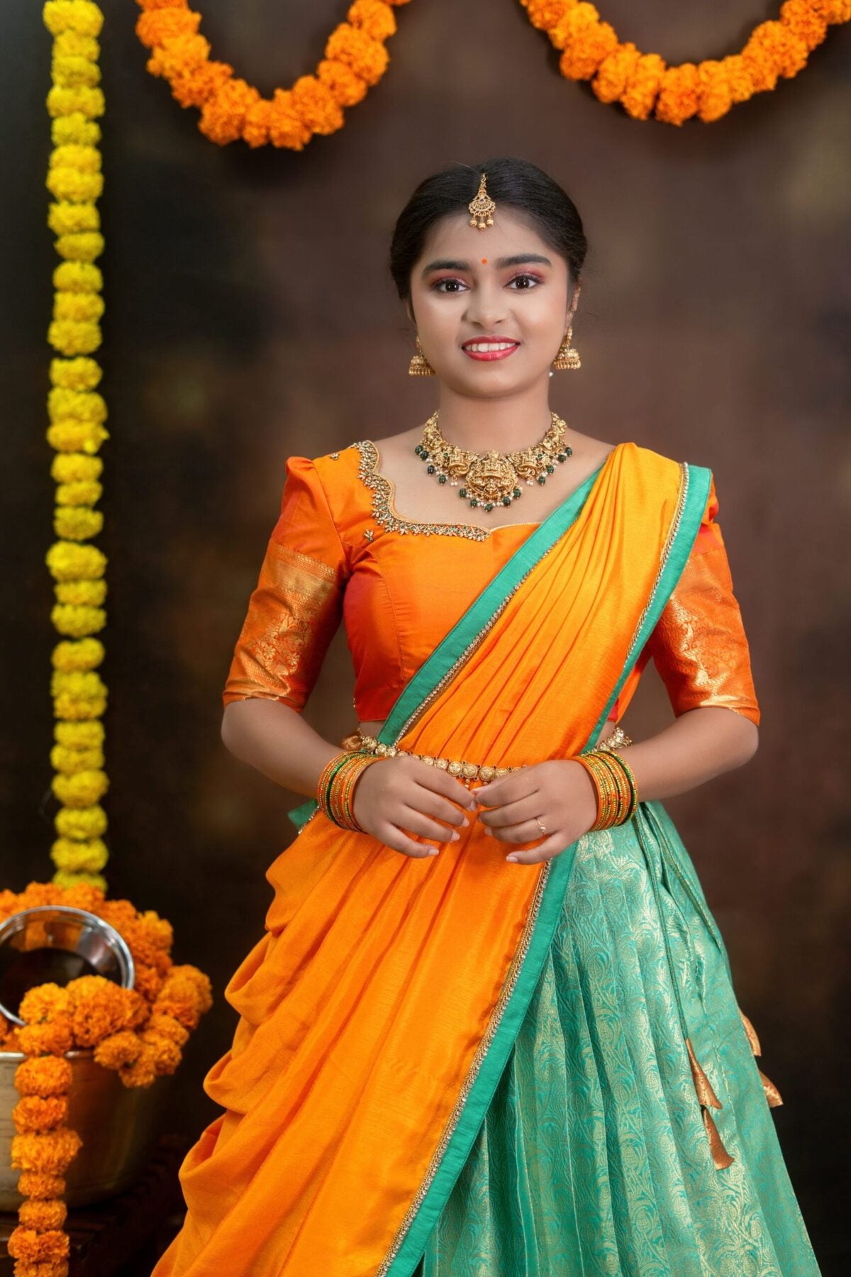 Semi Banarasi Lehenga with Aari Blouse & Lace Work Dupatta