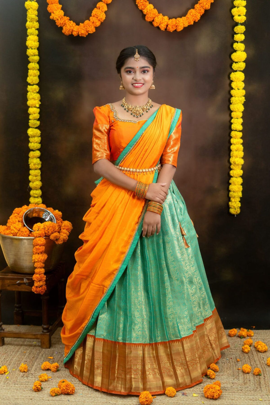 Semi Banarasi Lehenga with Aari Blouse & Lace Work Dupatta