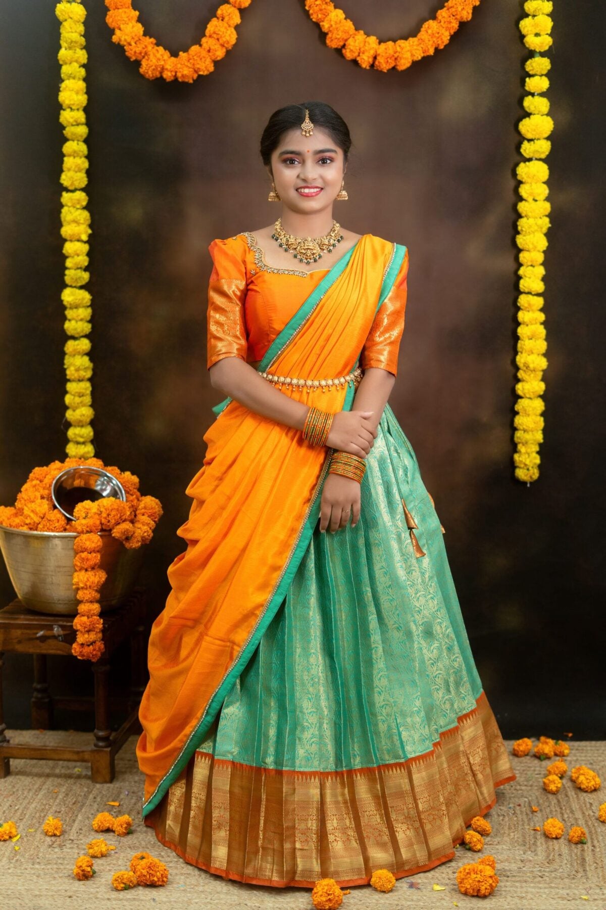 Semi Banarasi Lehenga with Aari Blouse & Lace Work Dupatta