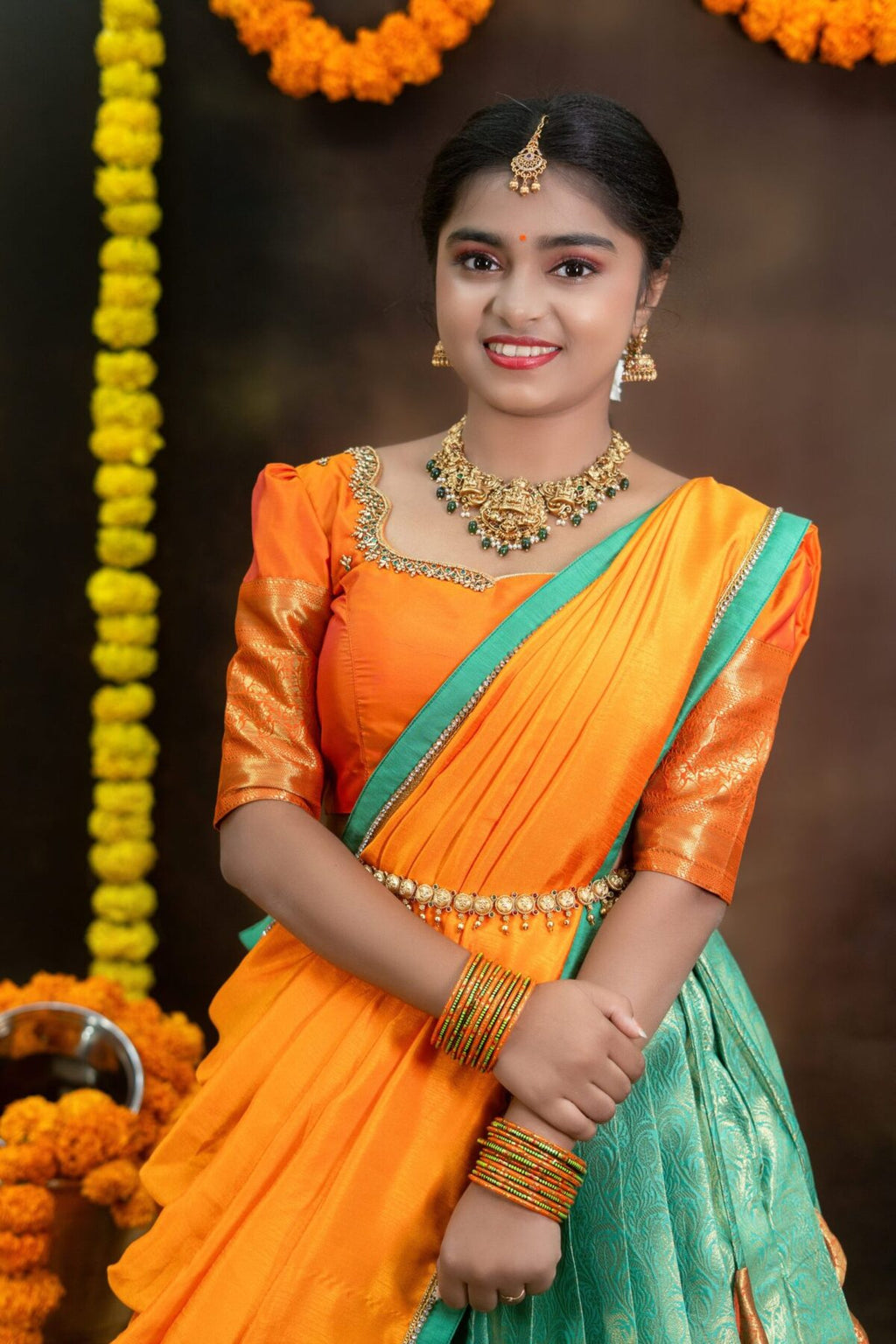 Semi Banarasi Lehenga with Aari Blouse & Lace Work Dupatta