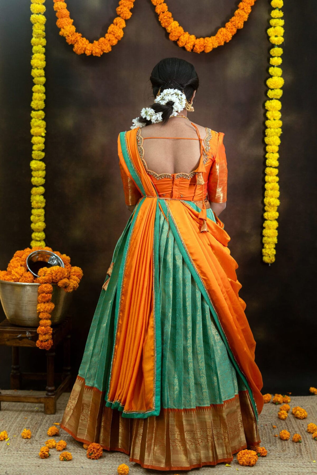 Semi Banarasi Lehenga with Aari Blouse & Lace Work Dupatta