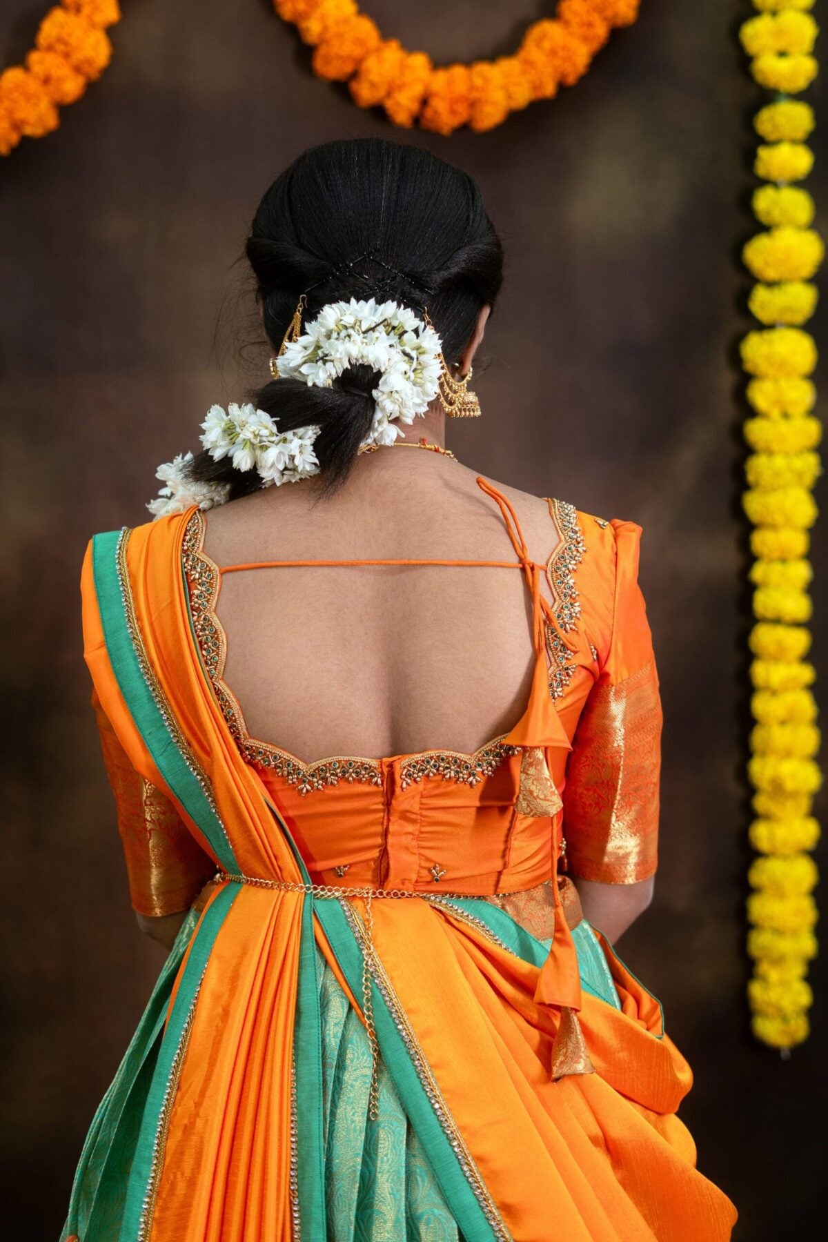 Semi Banarasi Lehenga with Aari Blouse & Lace Work Dupatta