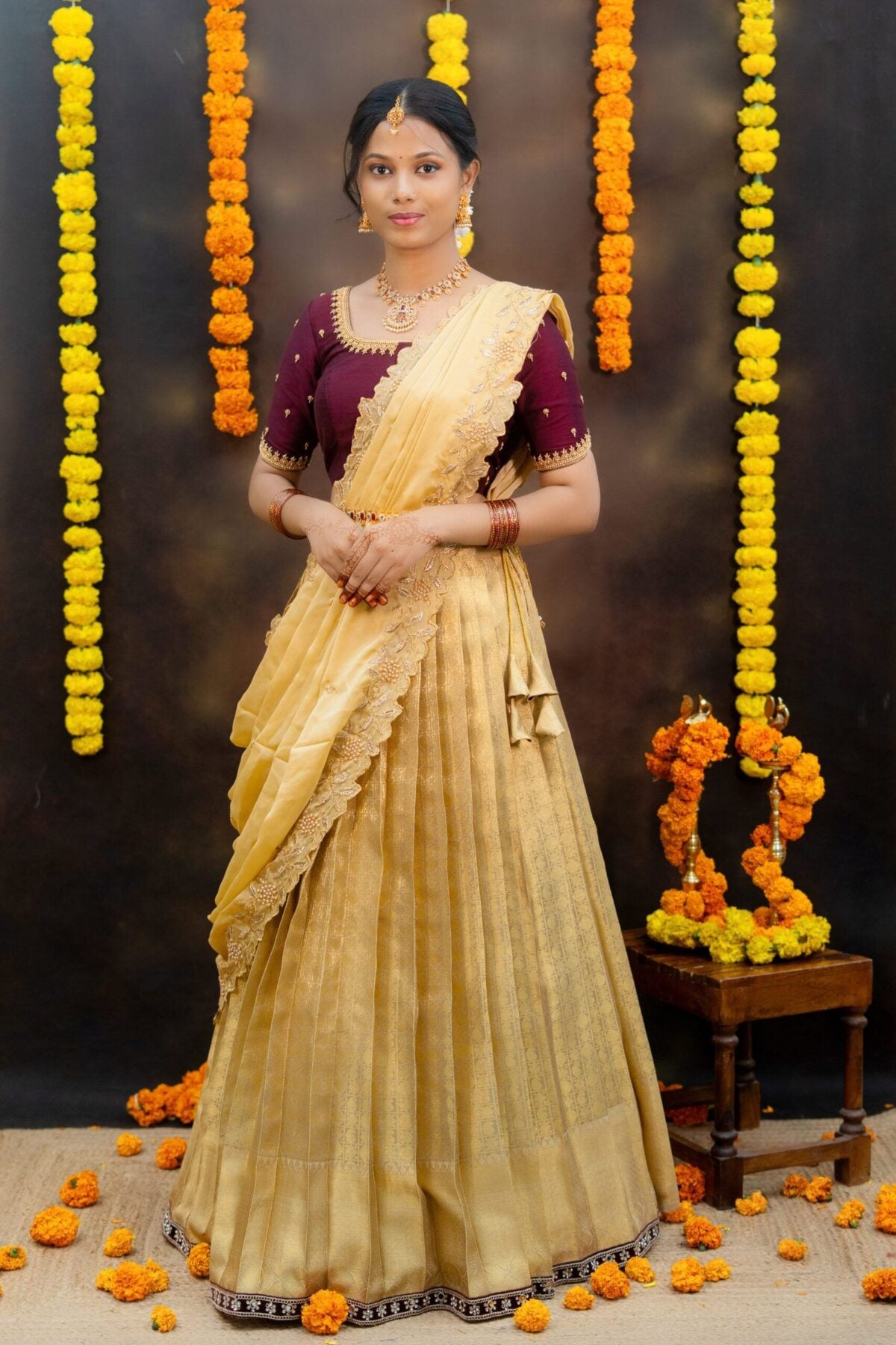 Prettypattu Gold & Maroon Festive Half Saree