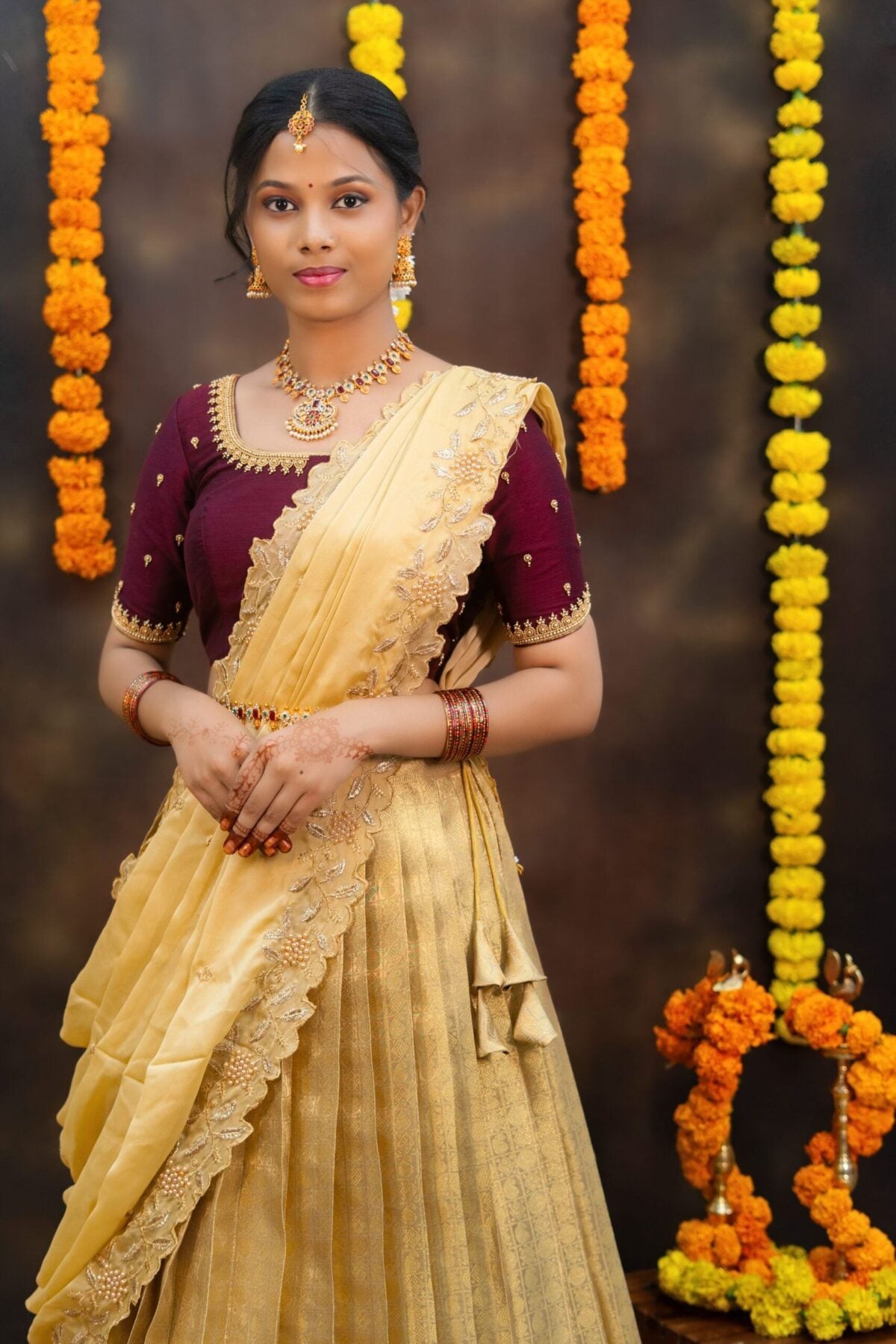 Prettypattu Gold & Maroon Festive Half Saree
