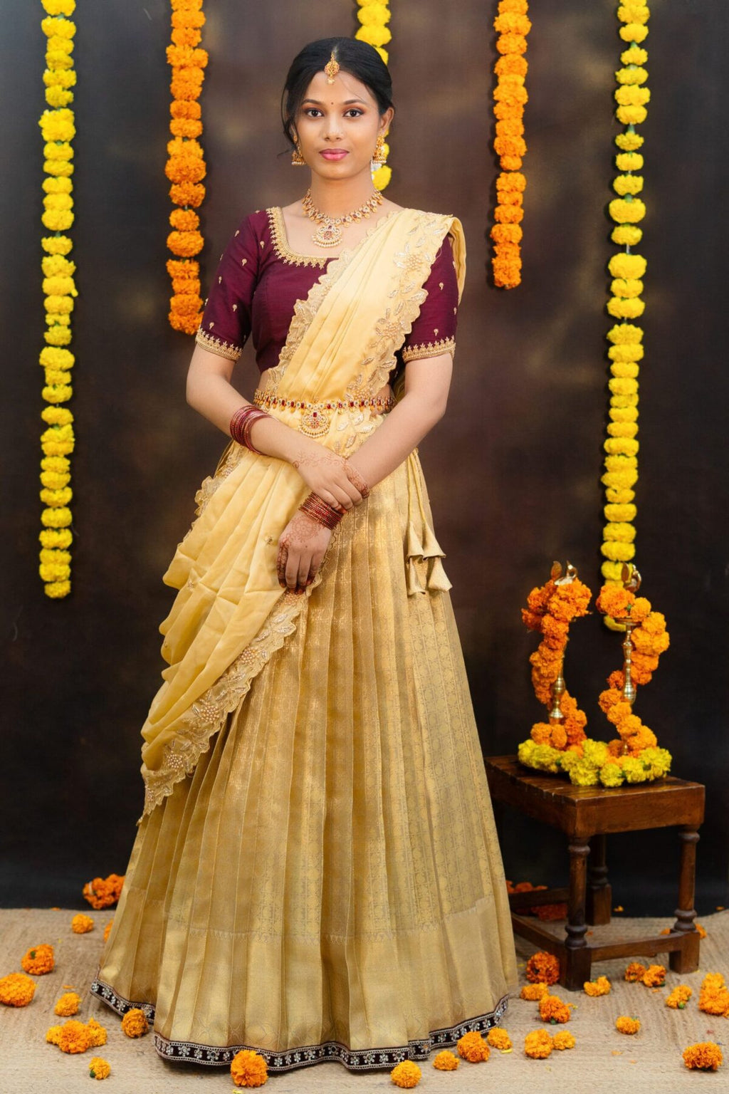 Prettypattu Gold & Maroon Festive Half Saree