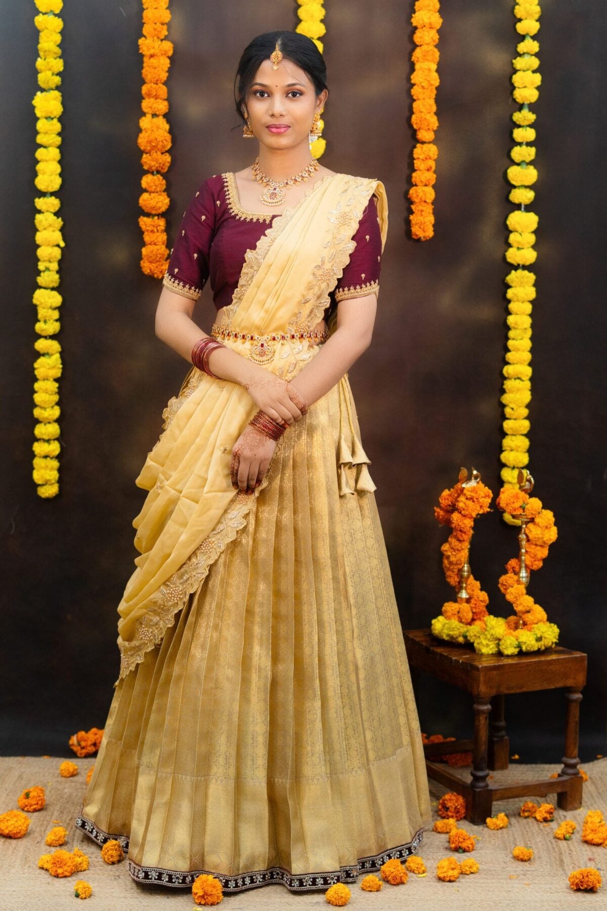Prettypattu Gold & Maroon Festive Half Saree