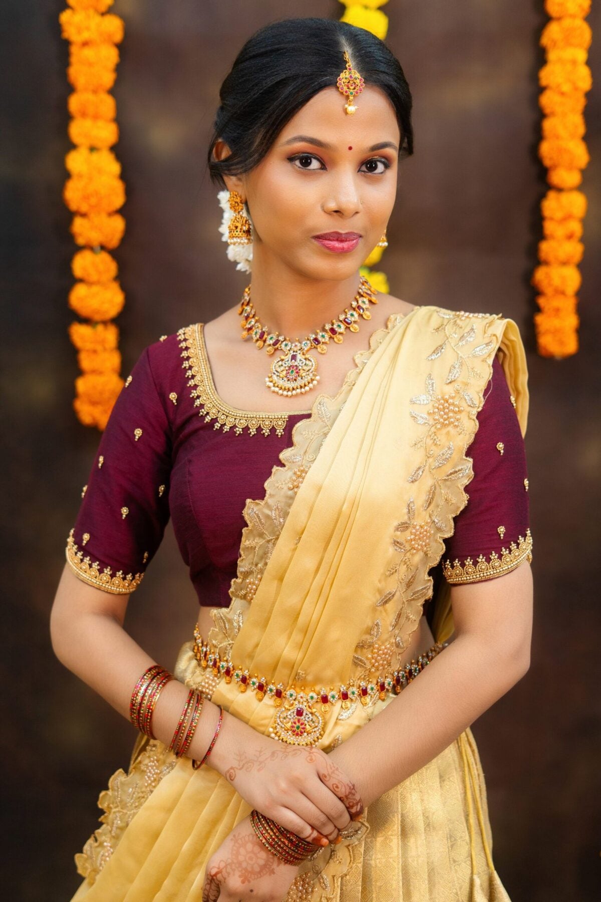 Prettypattu Gold & Maroon Festive Half Saree