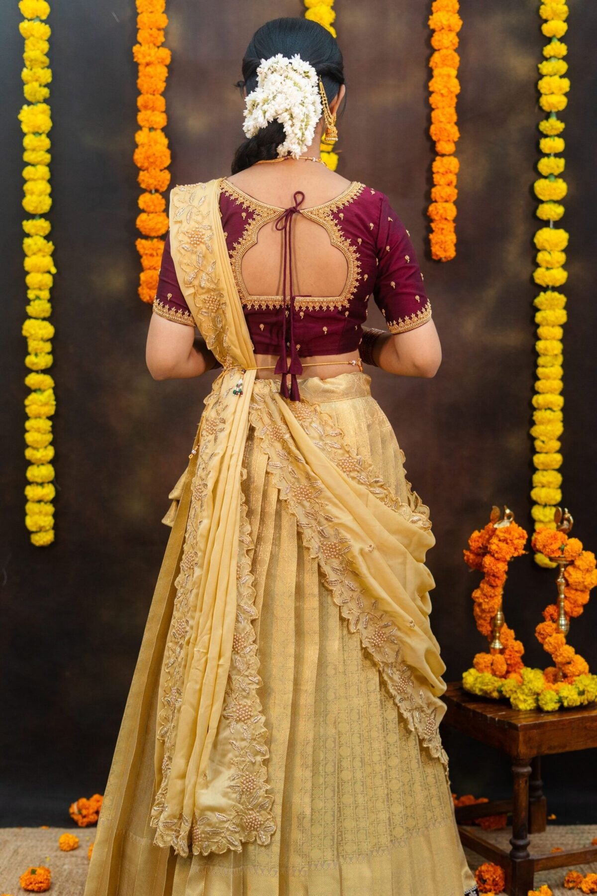 Prettypattu Gold & Maroon Festive Half Saree