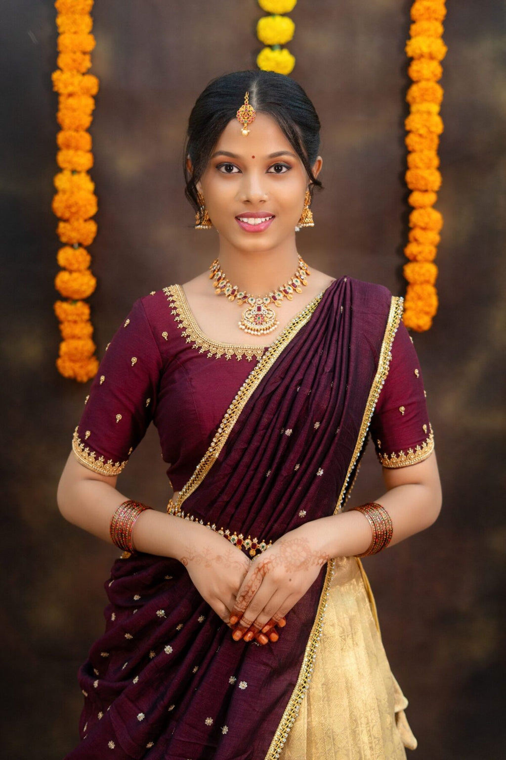 Prettypattu Maroon & Gold Festive Half Saree