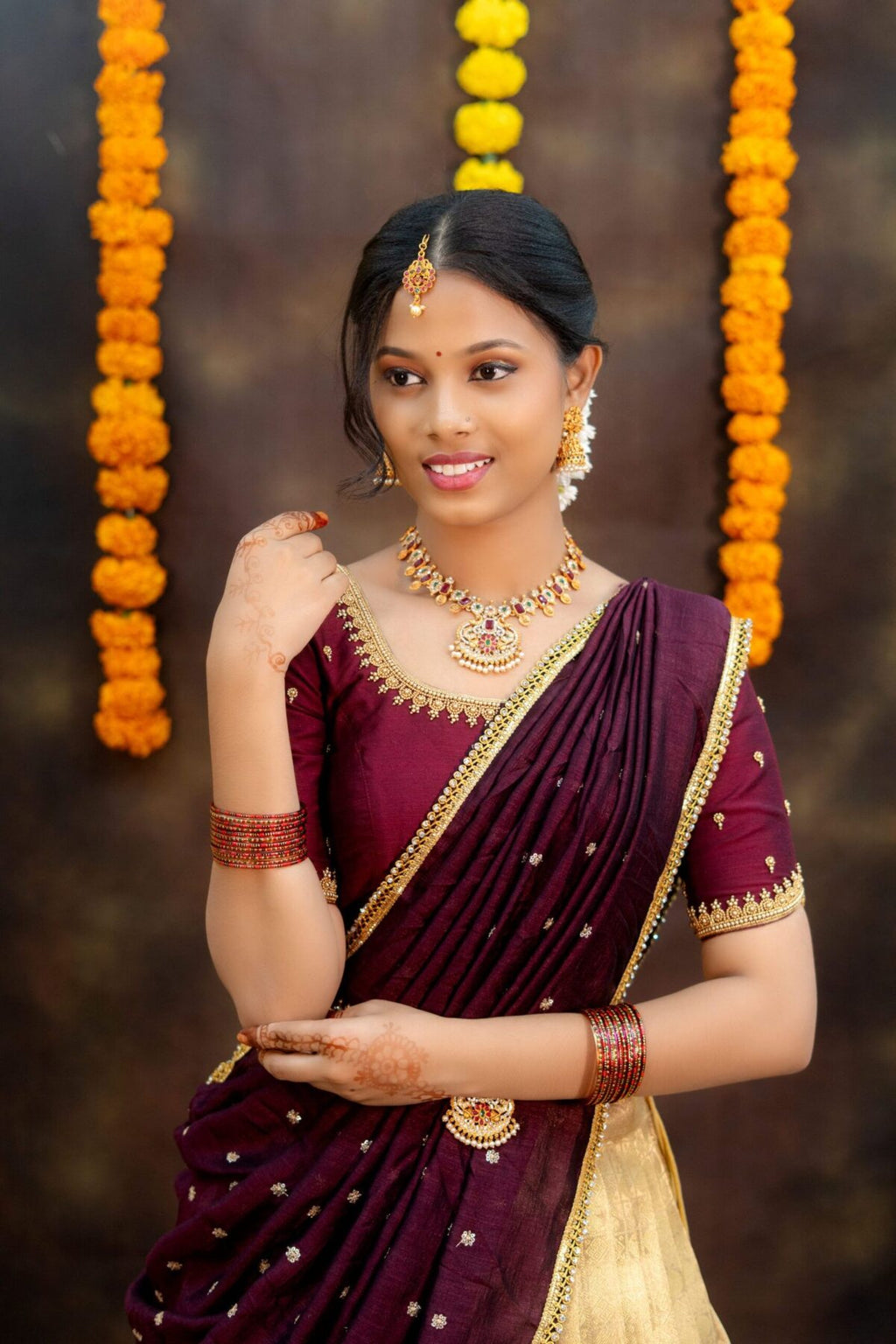 Prettypattu Maroon & Gold Festive Half Saree