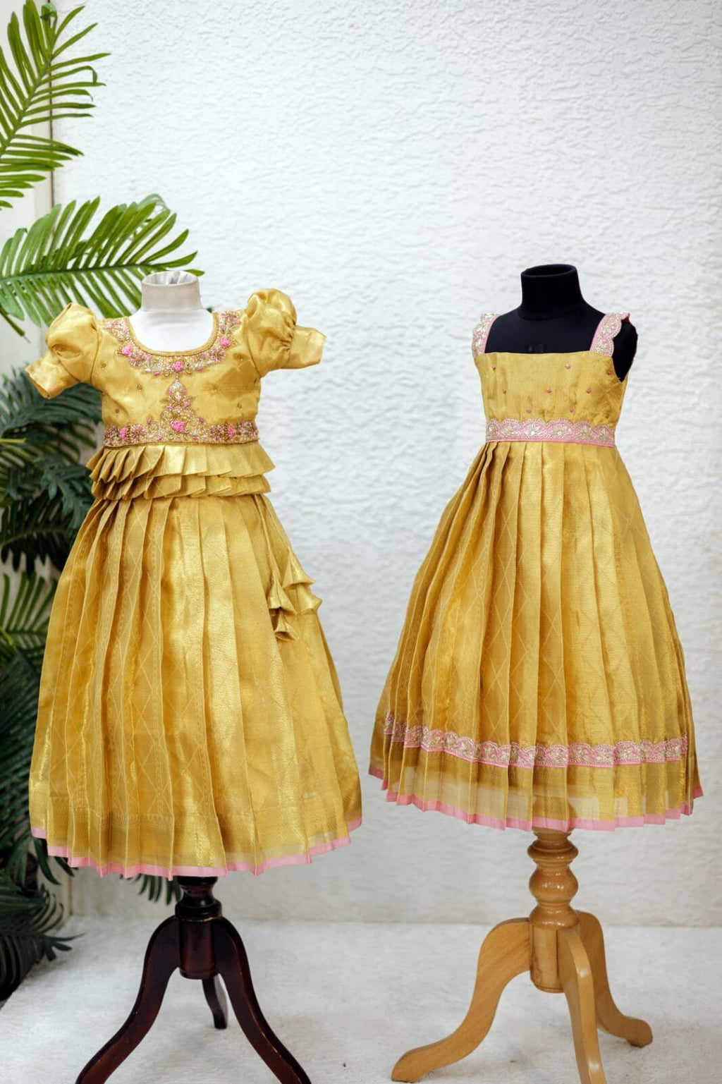 Elegant gold tissue lehanga & frock sister combo
