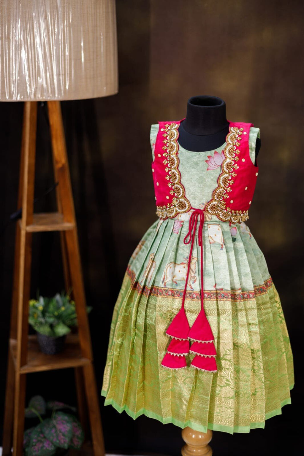 Pichwai fabric frock with sleeveless overcoat model
