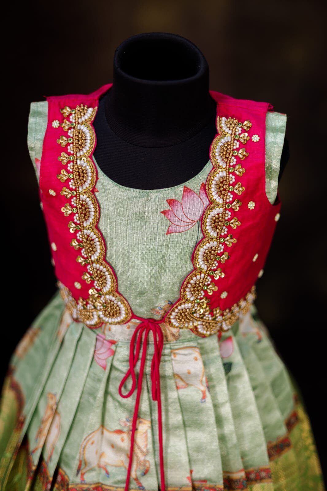 Pichwai fabric frock with sleeveless overcoat model