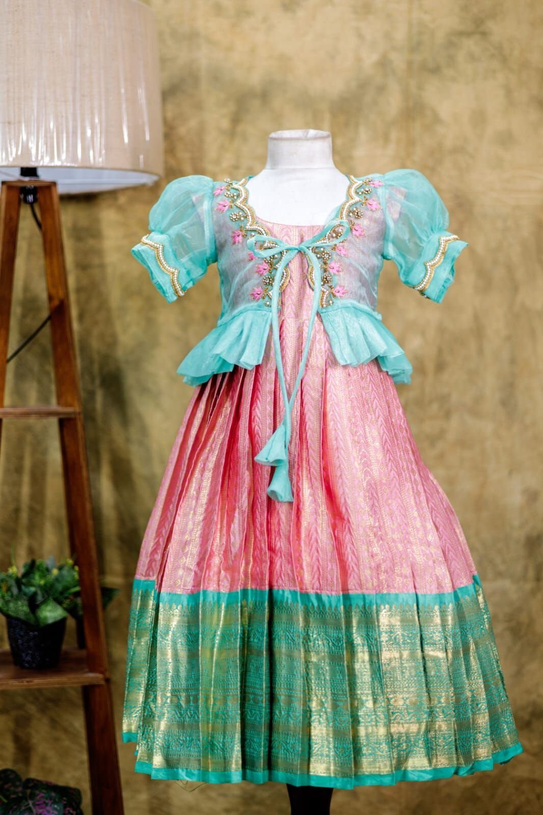Kanchi pattu full frock with organza overcoat