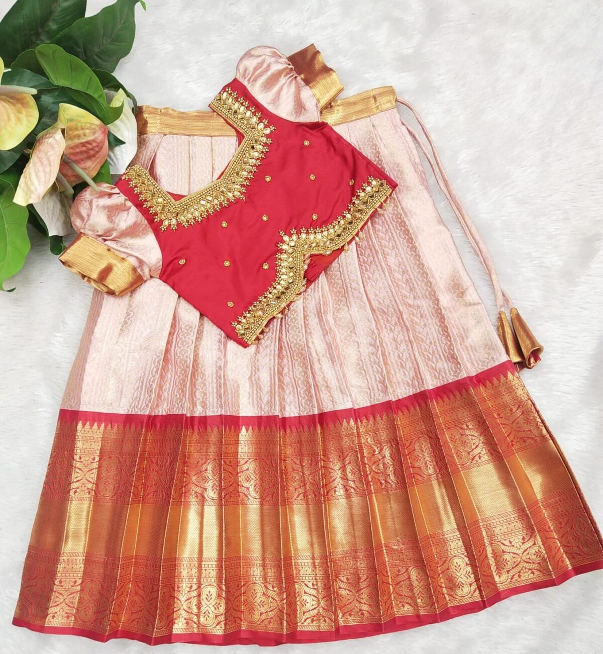 Premium Semi banarasi Soft Silk Lehenga Set – Aari Work Blouse