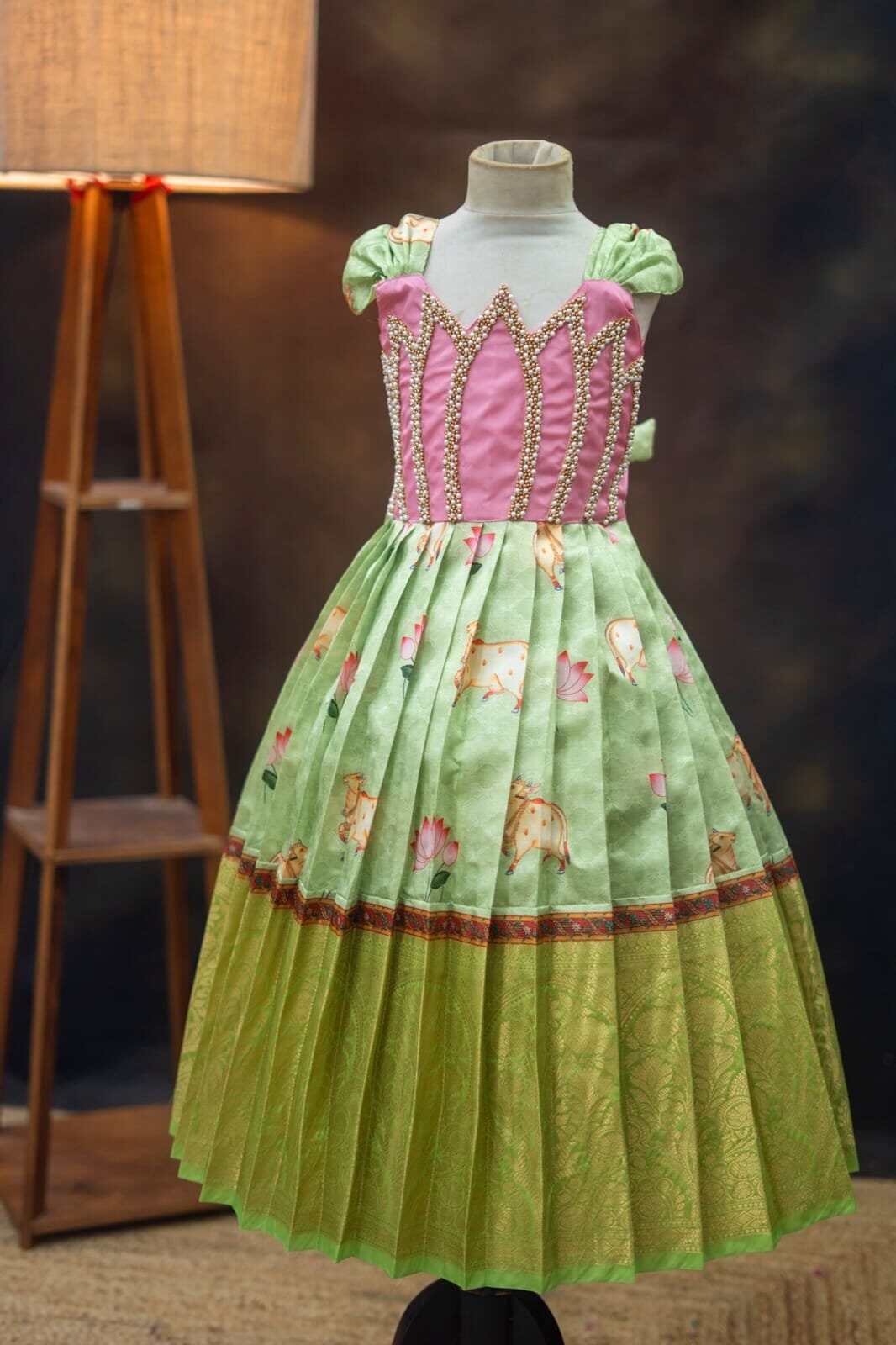 Pichwai Fabric Full Frock with Lotus Aari Work