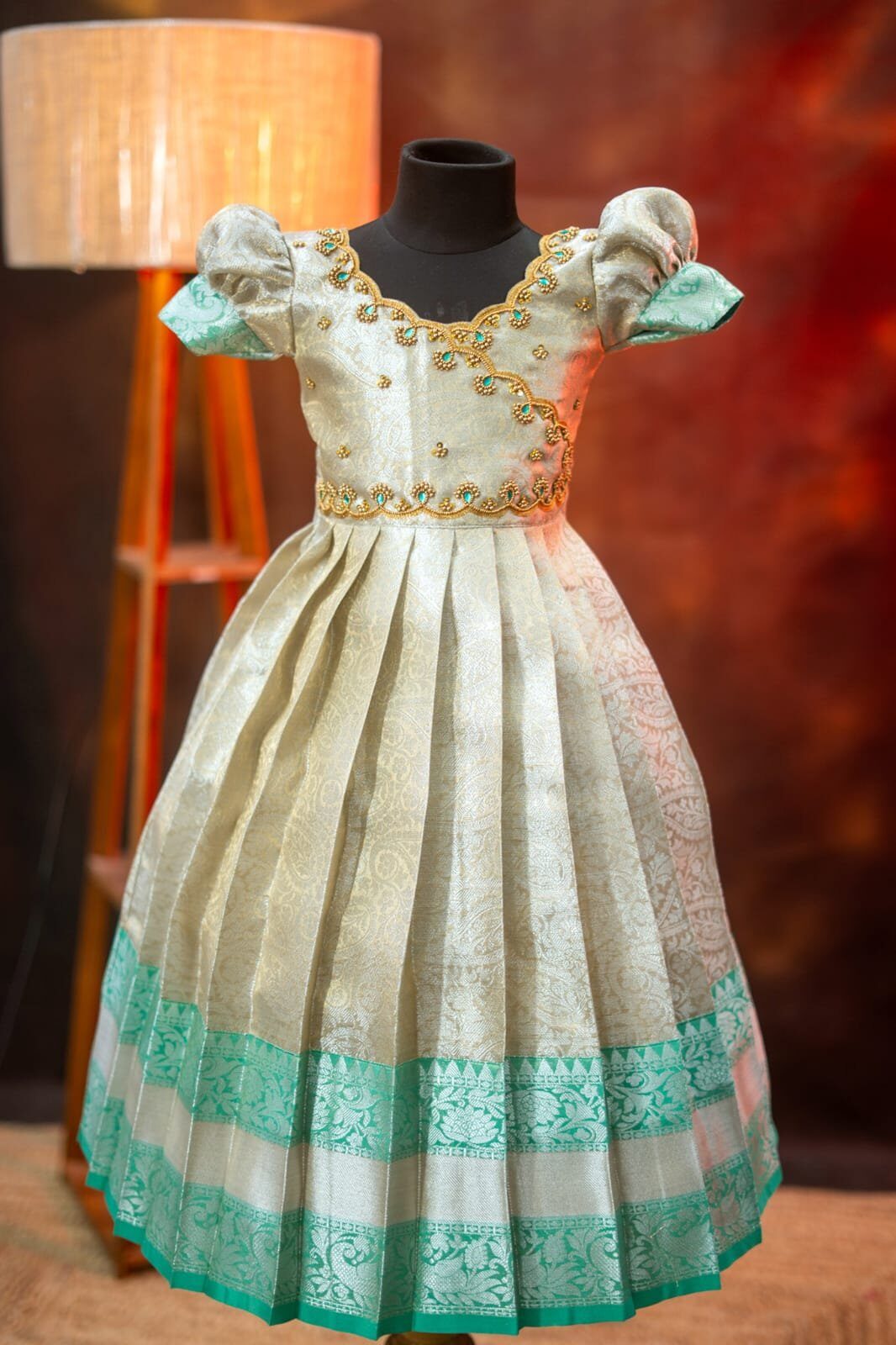 Silver Tissue Banarasi Full Frock with Aari Work