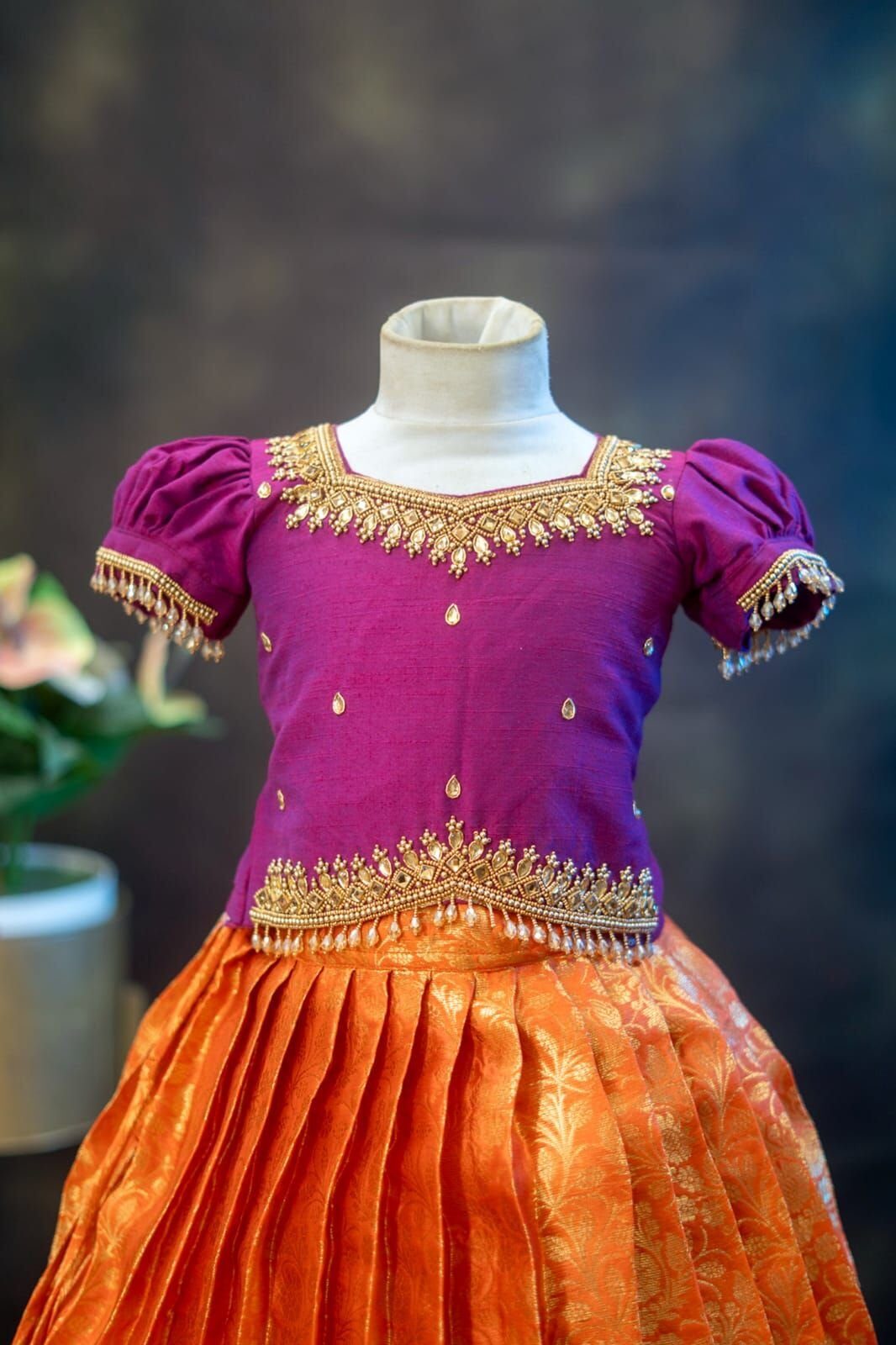 Tissue Banarasi Lehenga with Raw Silk Aari Work Top