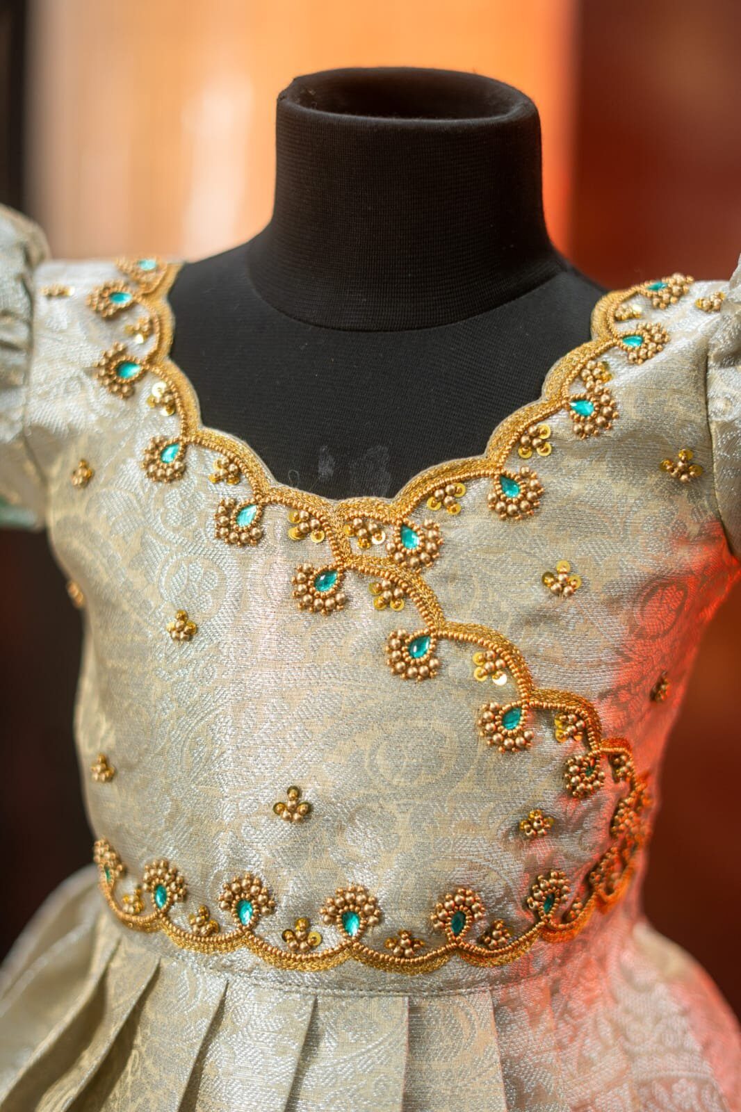 Silver Tissue Banarasi Full Frock with Aari Work