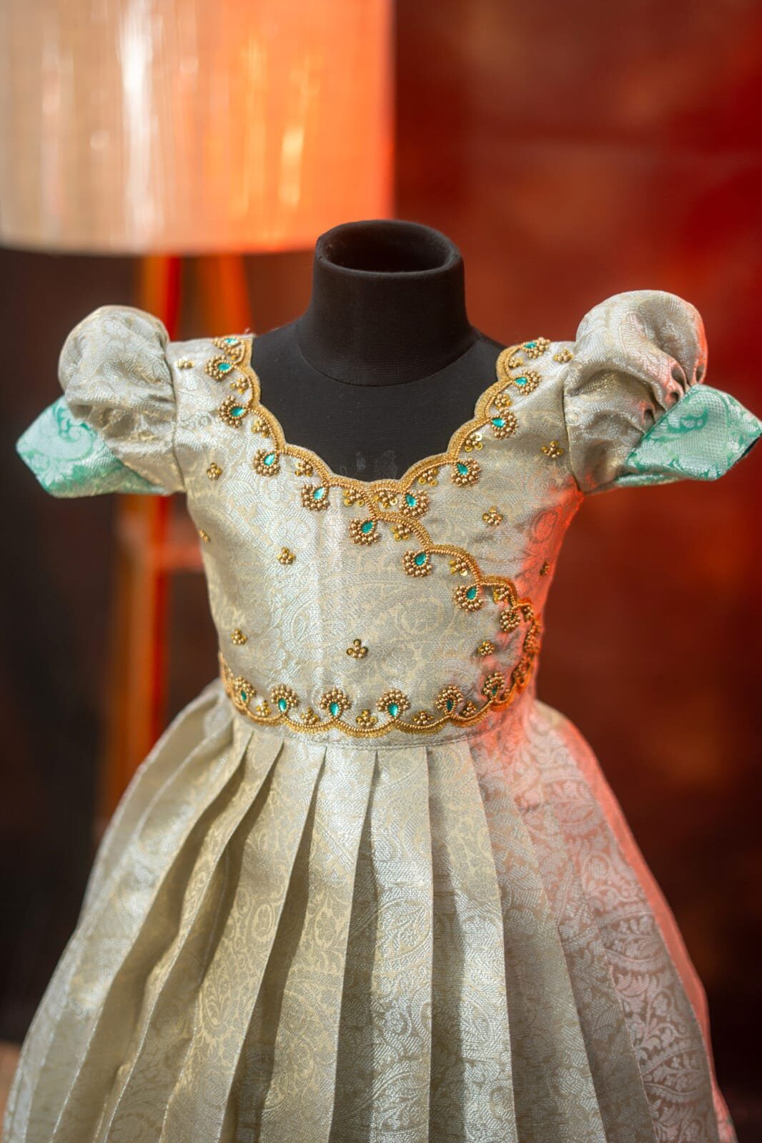 Silver Tissue Banarasi Full Frock with Aari Work