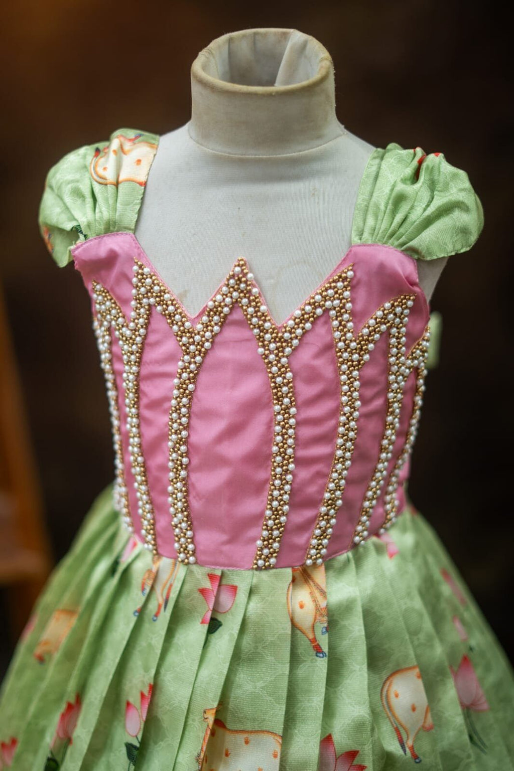 Pichwai Fabric Full Frock with Lotus Aari Work