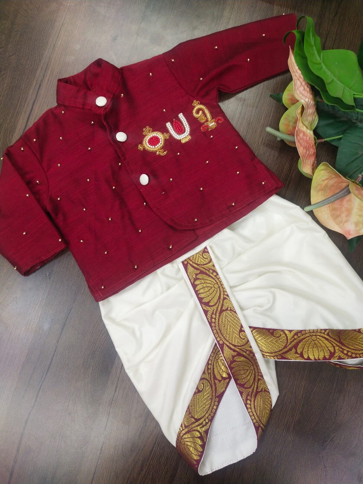 Premium Raw Silk Dhoti and Kurta with Aari Work