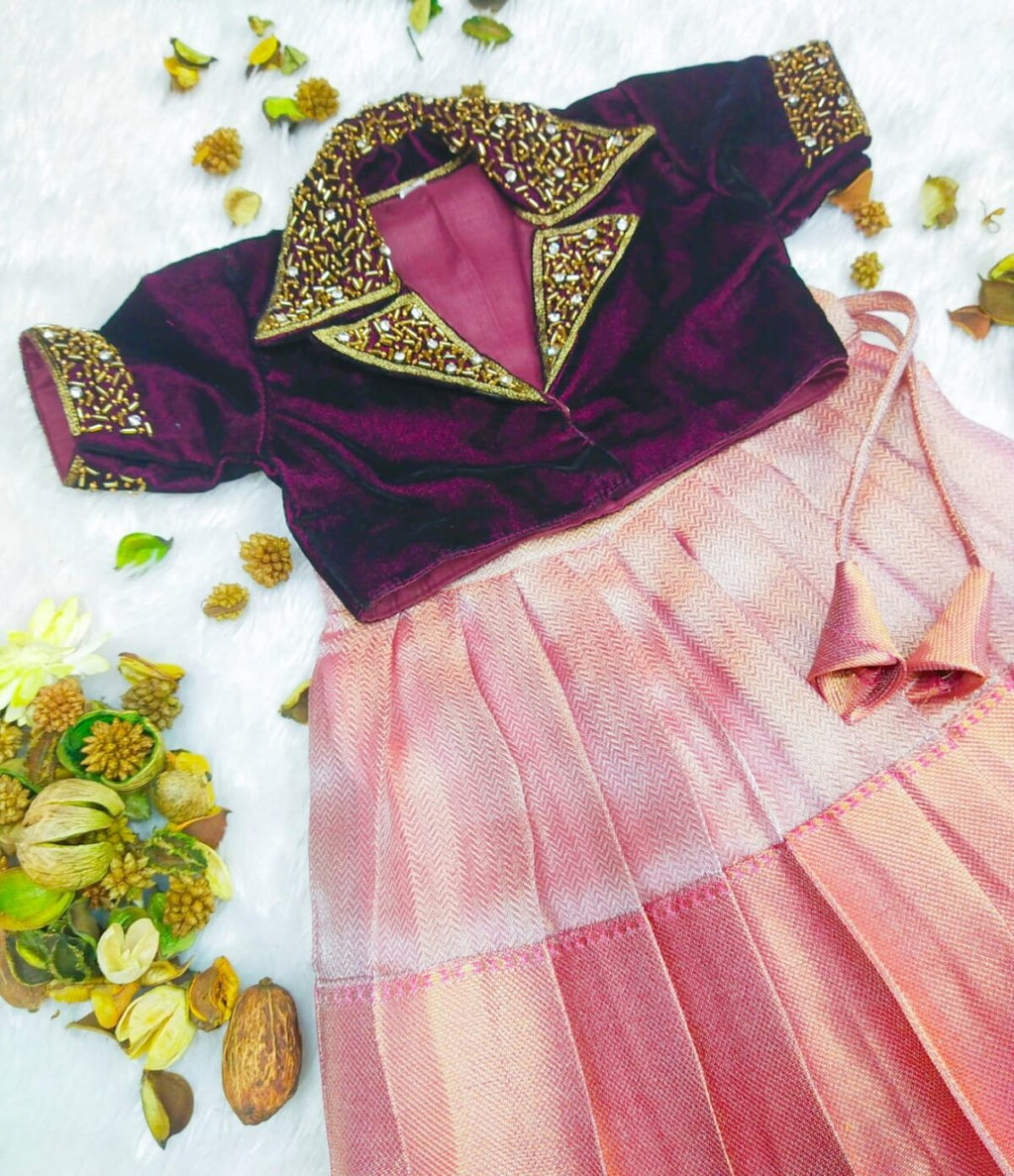 TISSUE SILK LEHENG WITH VELVET AARI WORK BLOUSE