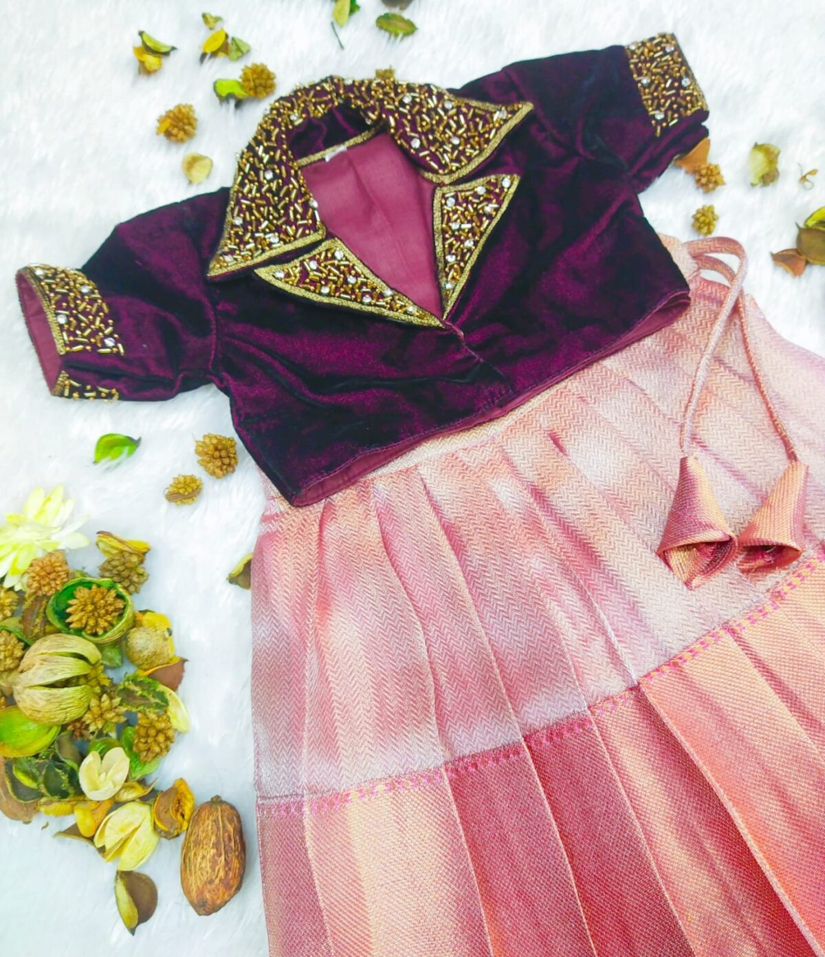 TISSUE SILK LEHENG WITH VELVET AARI WORK BLOUSE