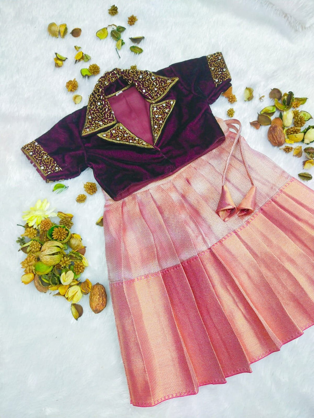 TISSUE SILK LEHENG WITH VELVET AARI WORK BLOUSE