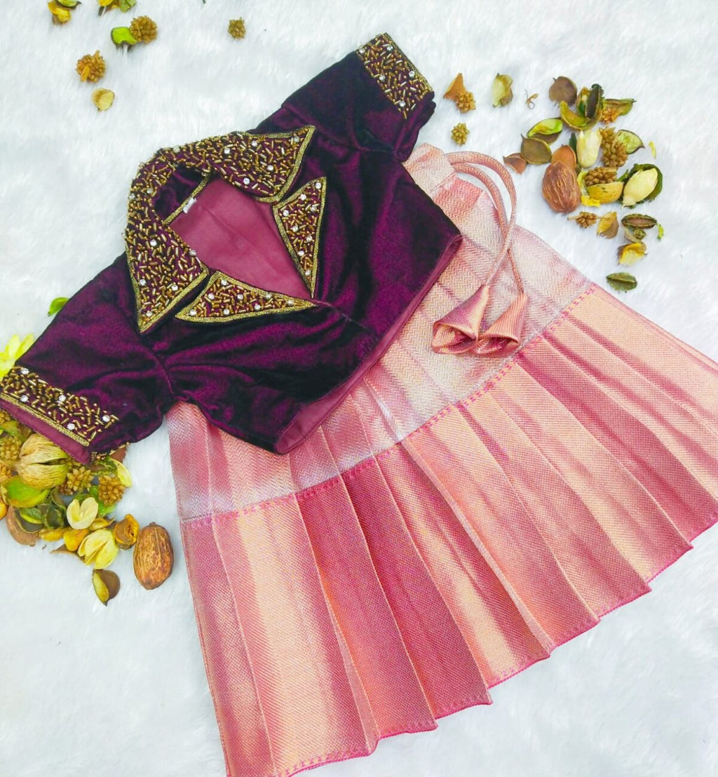 TISSUE SILK LEHENG WITH VELVET AARI WORK BLOUSE