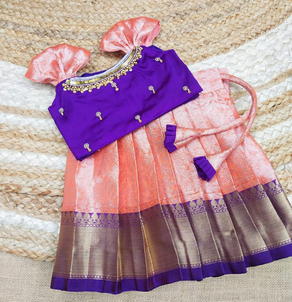 TISSUE BANARASI SILK PATTU PAVADAI WITH AARI WORK TOP