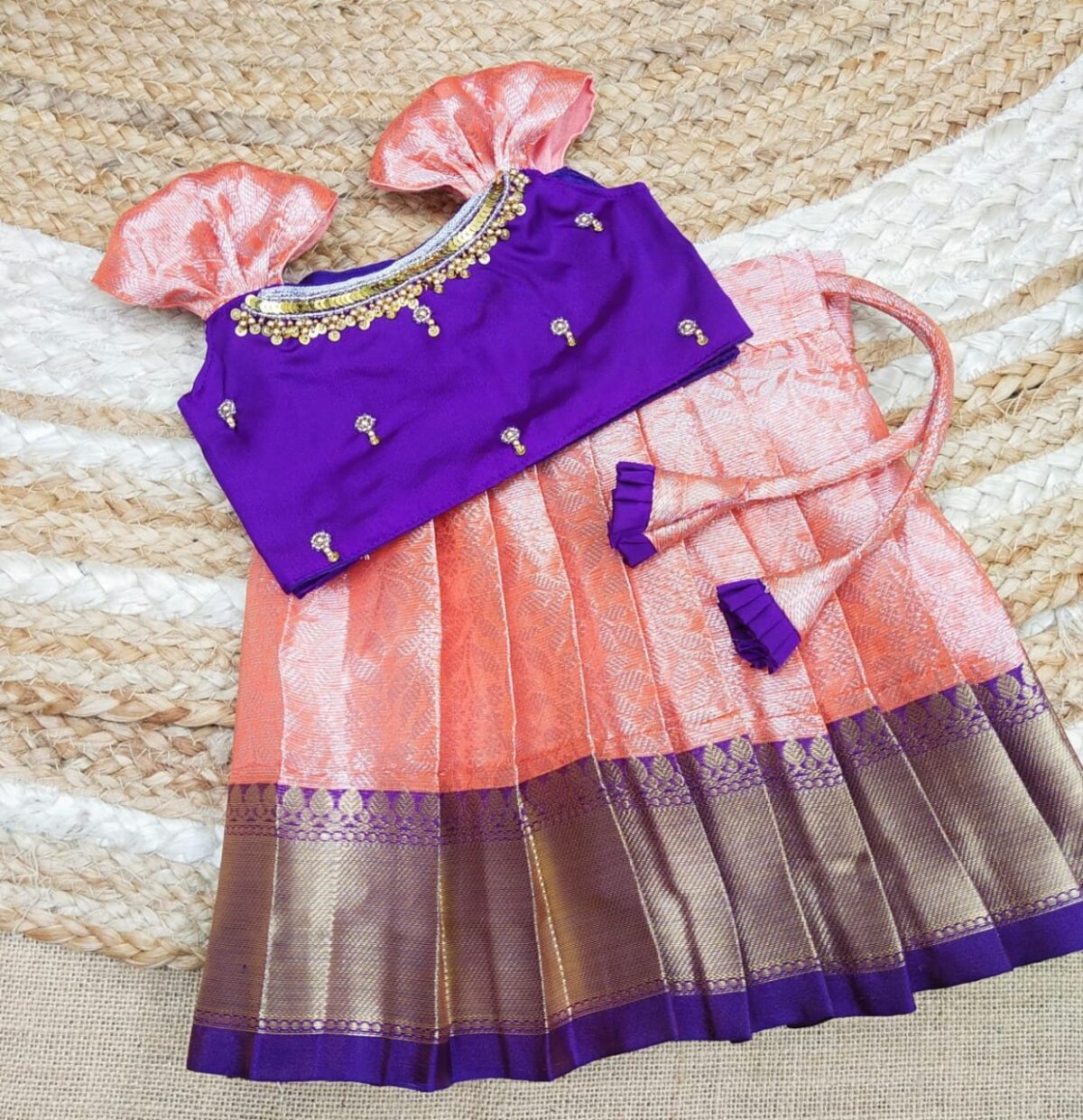 TISSUE BANARASI SILK PATTU PAVADAI WITH AARI WORK TOP