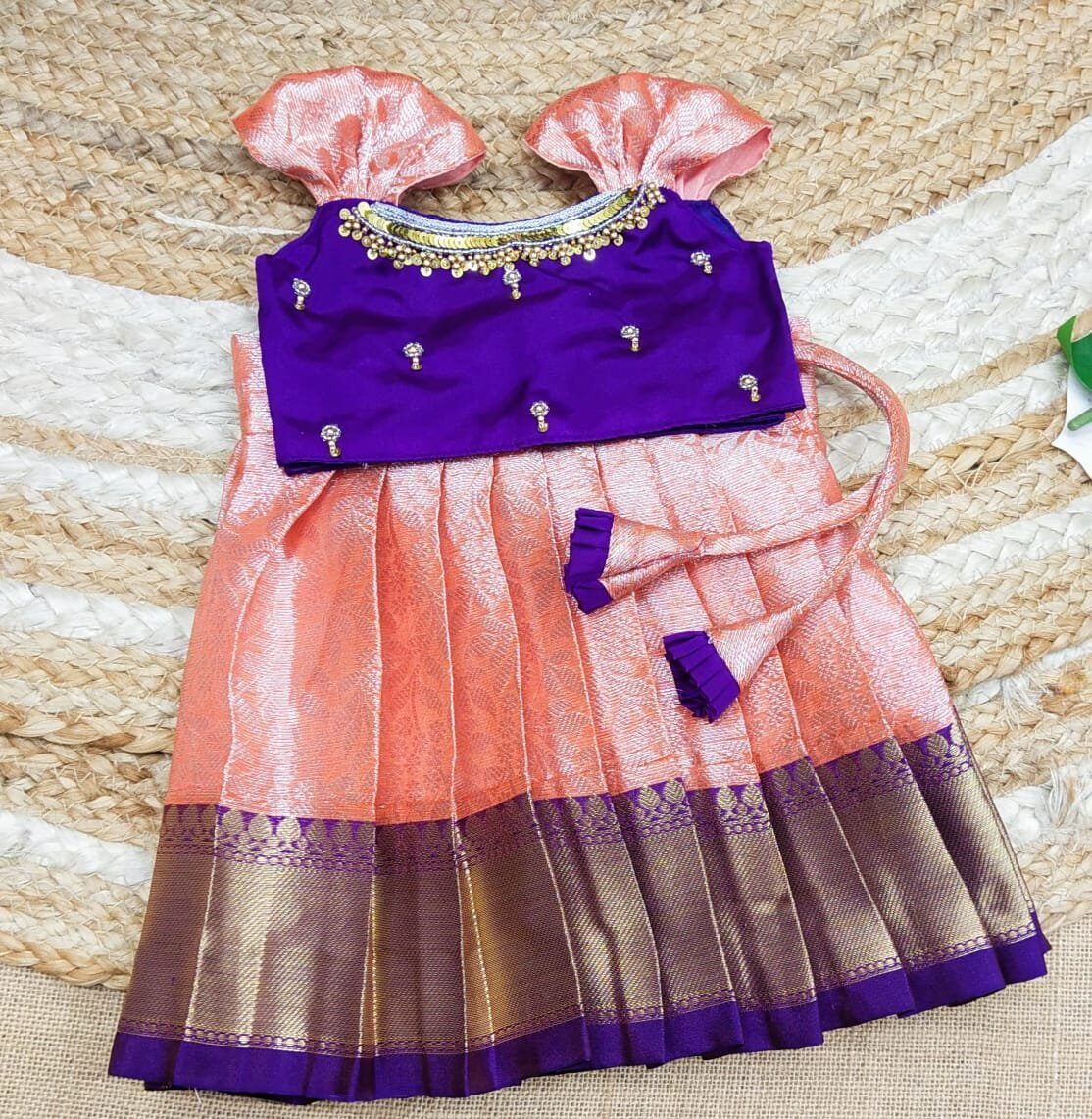 TISSUE BANARASI SILK PATTU PAVADAI WITH AARI WORK TOP