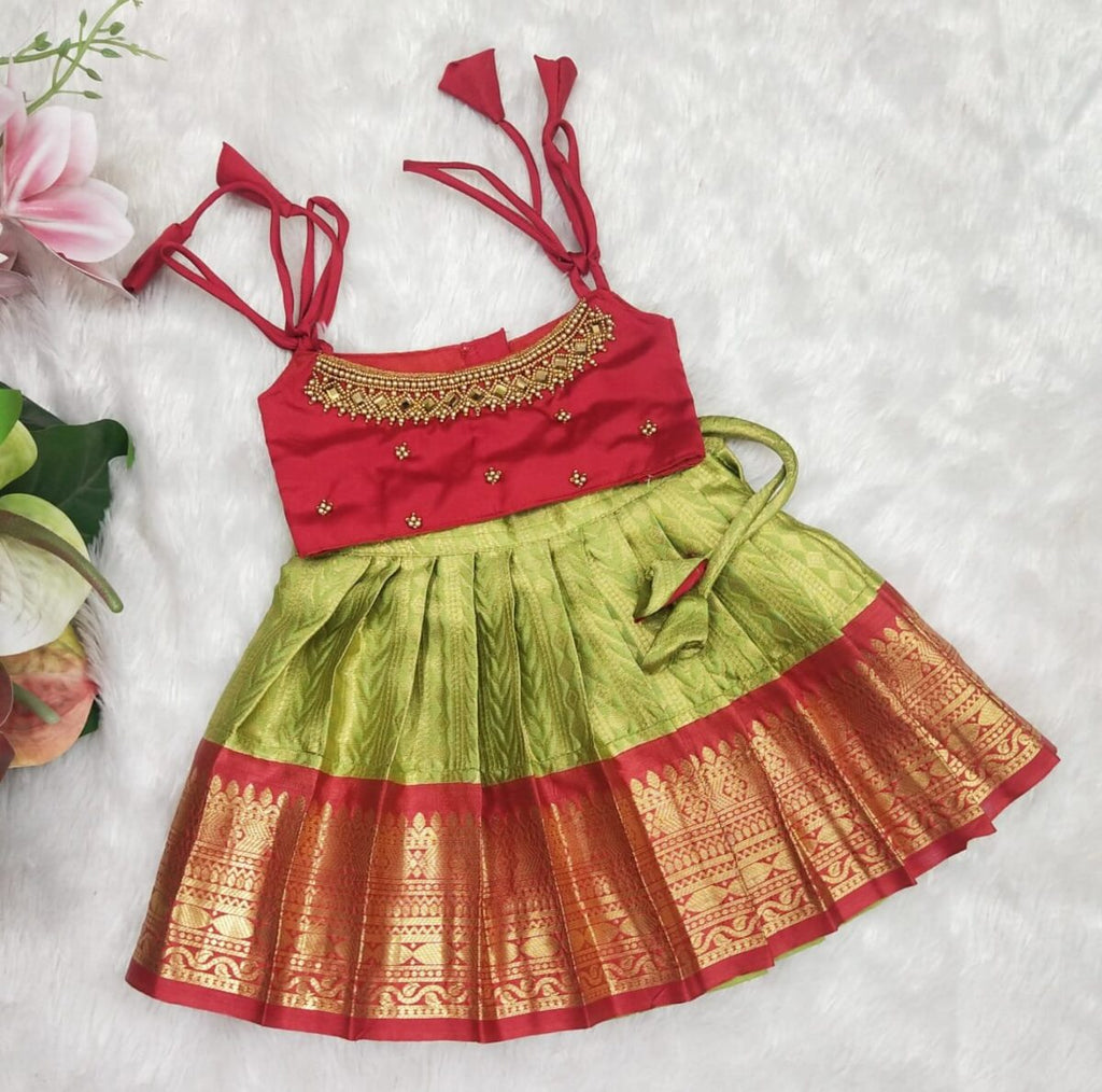 Semi Banarasi Pattu Pavadai with Aari Work Top
