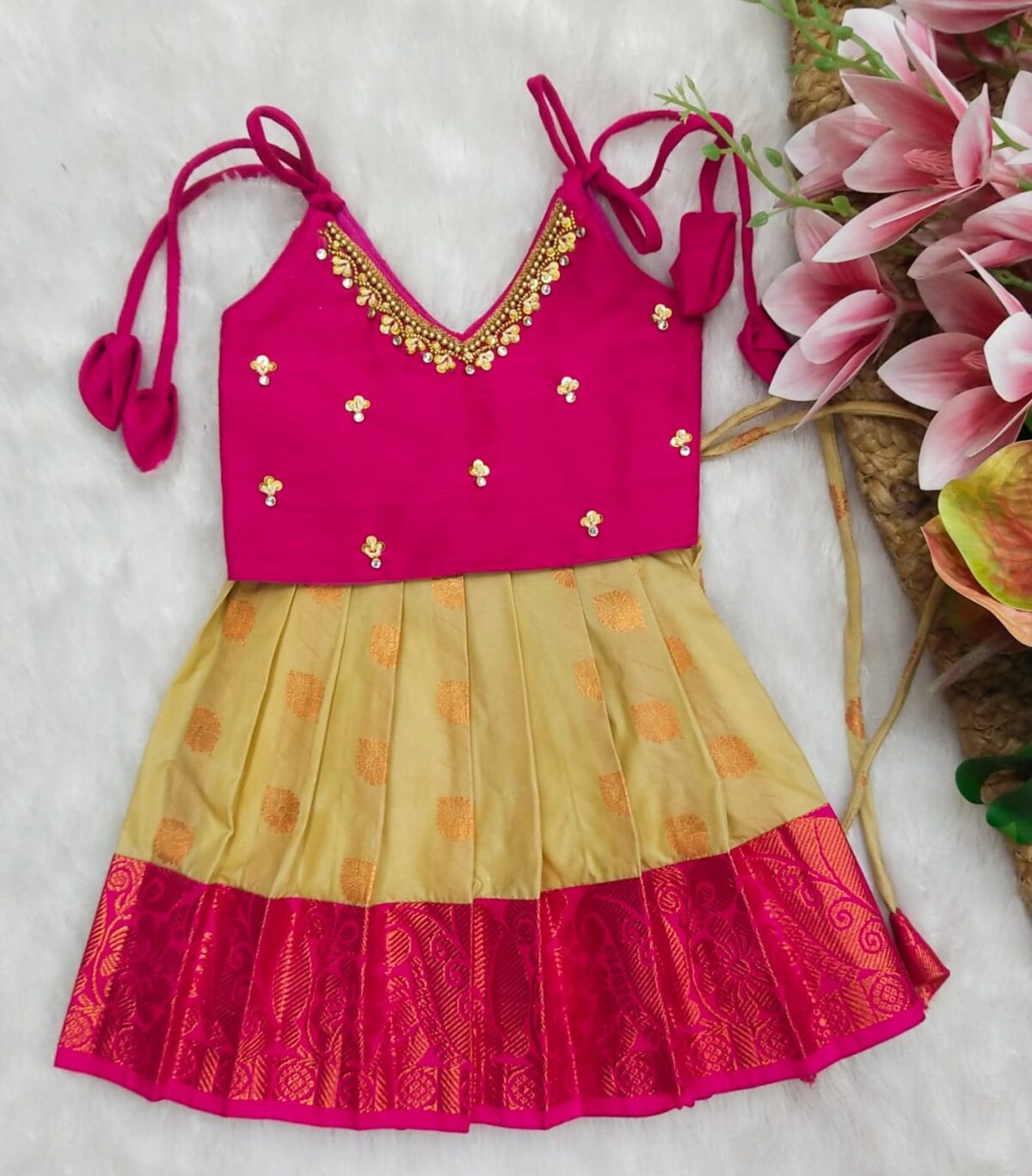 Traditional Semi Silk Pattu Frock with Aari Work Designer Blouse
