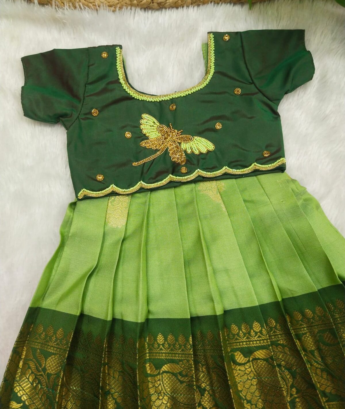 Kanchi Pattu Pavadai with Aari Work Top
