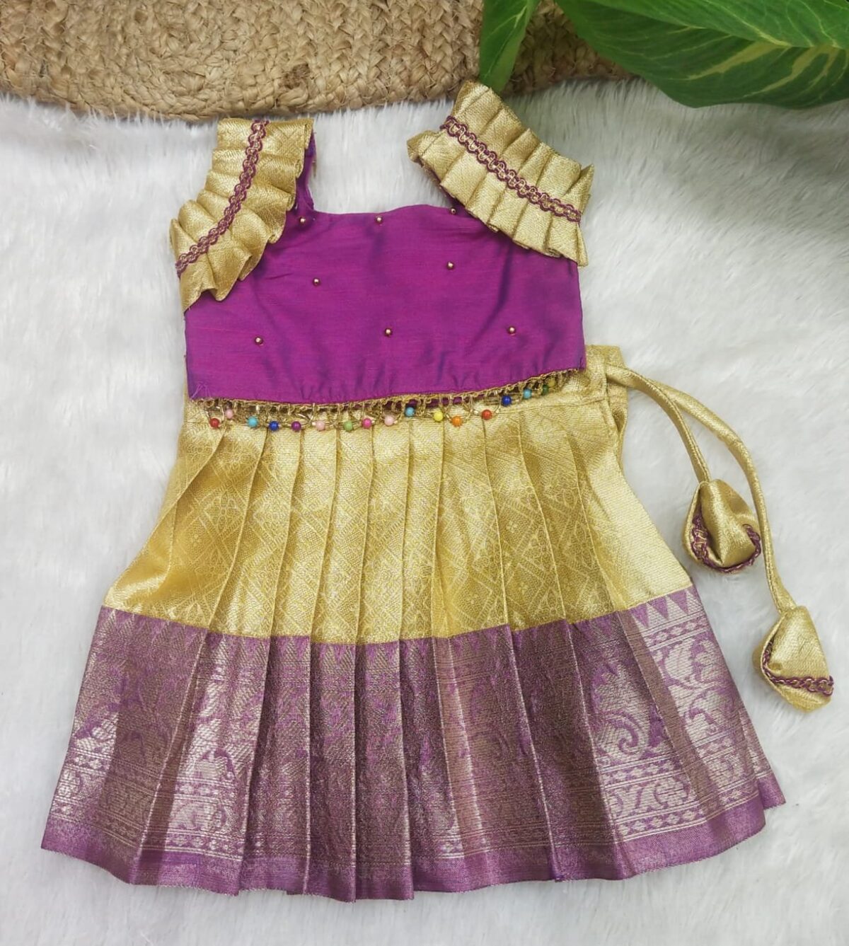 Kanchi Pattu Pavadai with Ruffle Sleeve Top