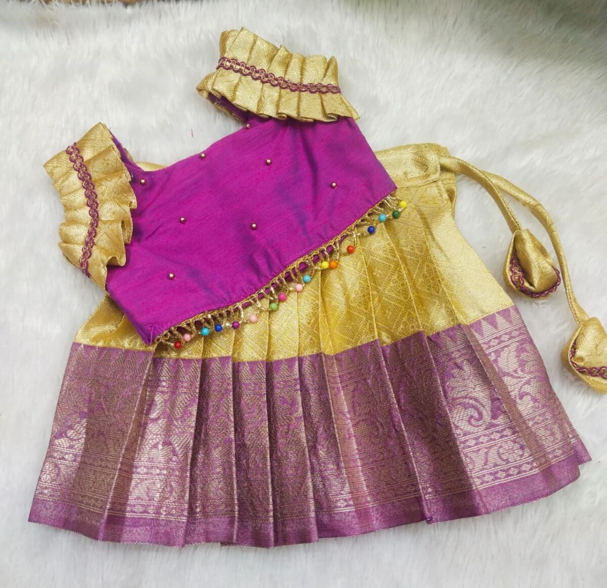 Kanchi Pattu Pavadai with Ruffle Sleeve Top