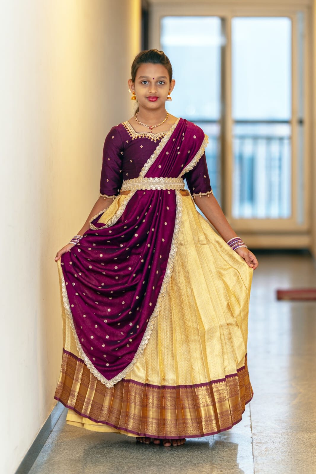 SEMI BANARASI AARI WORK KIDS HALF SAREE