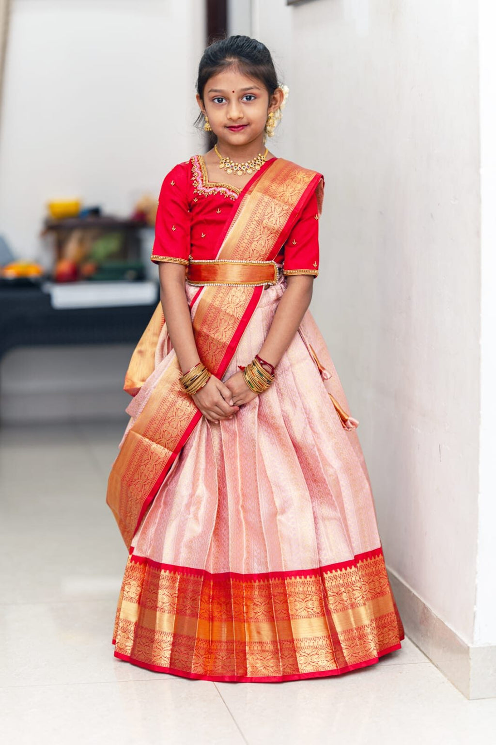 SEMI BANARASI KIDS HALF SAREE(SELF SHAWL)