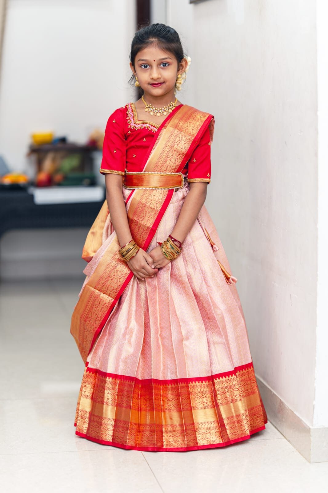 SEMI BANARASI KIDS HALF SAREE(SELF SHAWL)