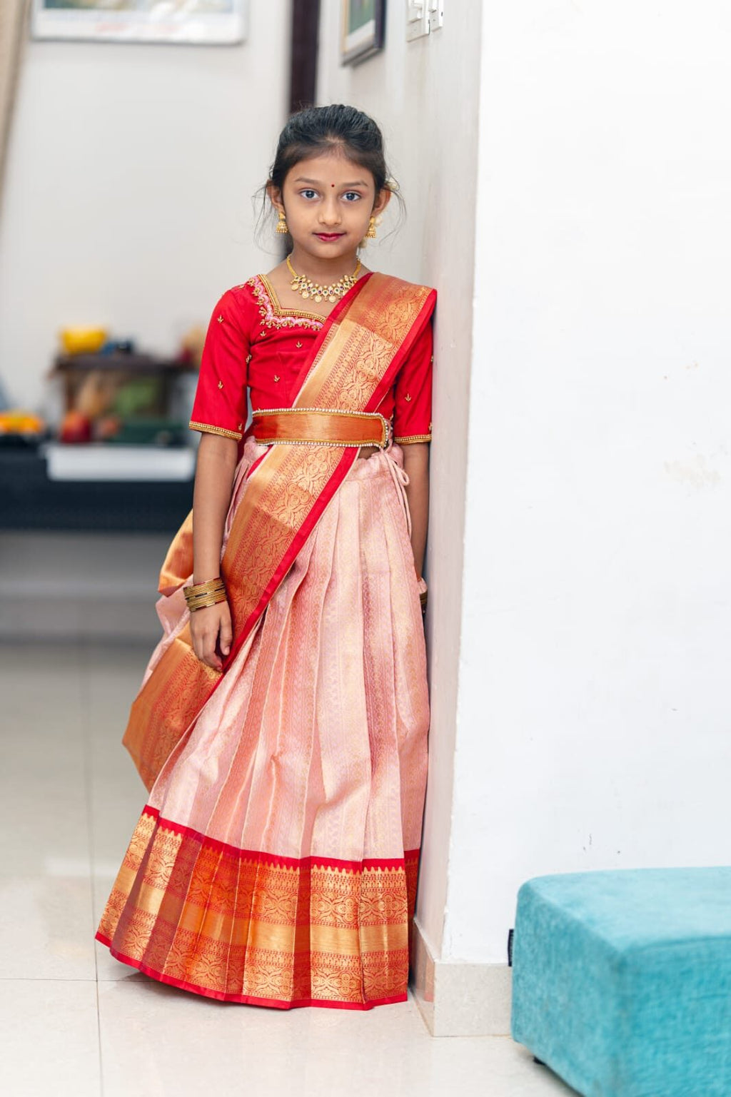 SEMI BANARASI KIDS HALF SAREE(SELF SHAWL)