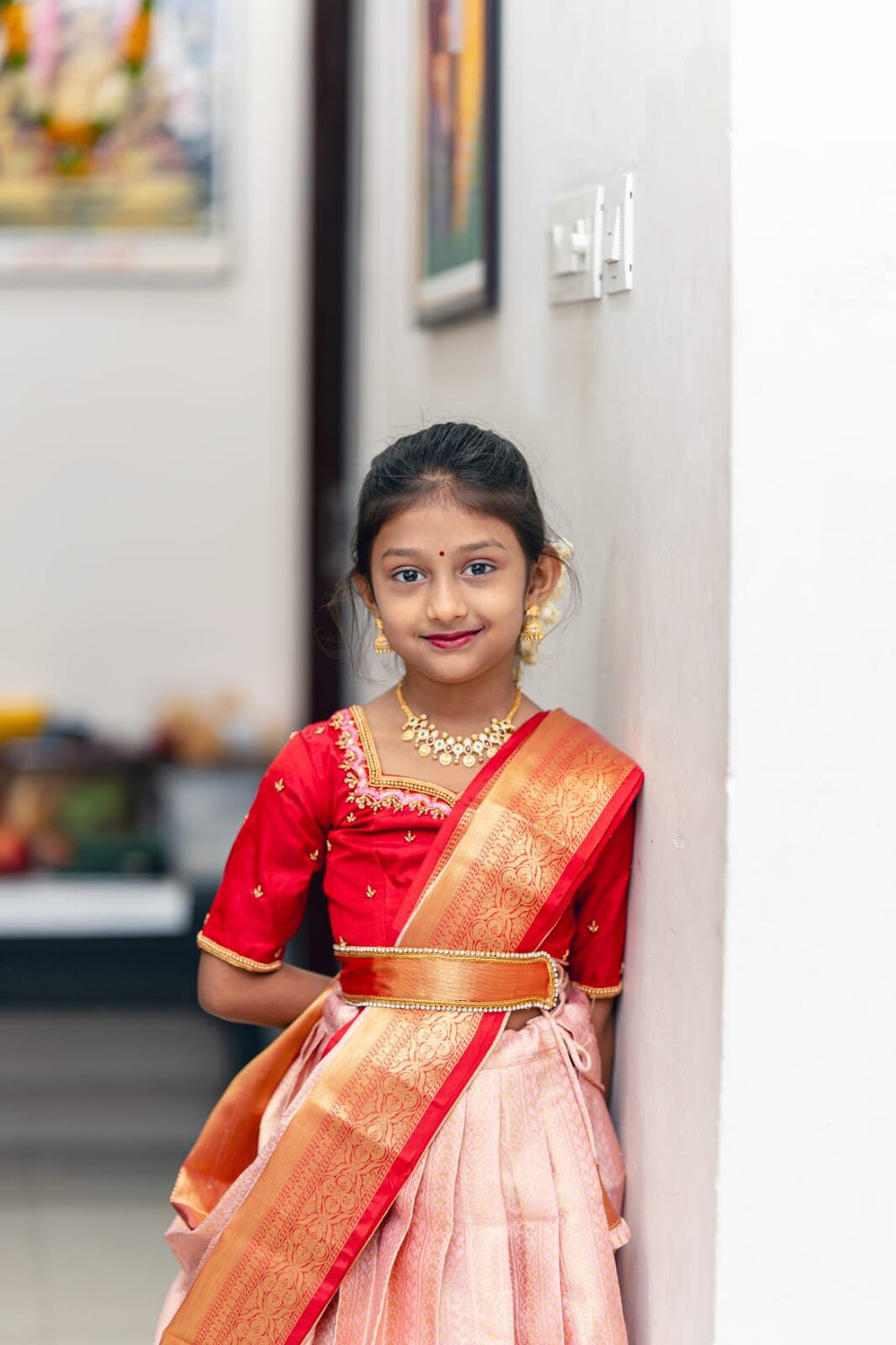 SEMI BANARASI KIDS HALF SAREE(SELF SHAWL)
