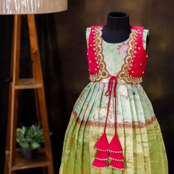 Pichwai fabric frock with sleeveless overcoat model