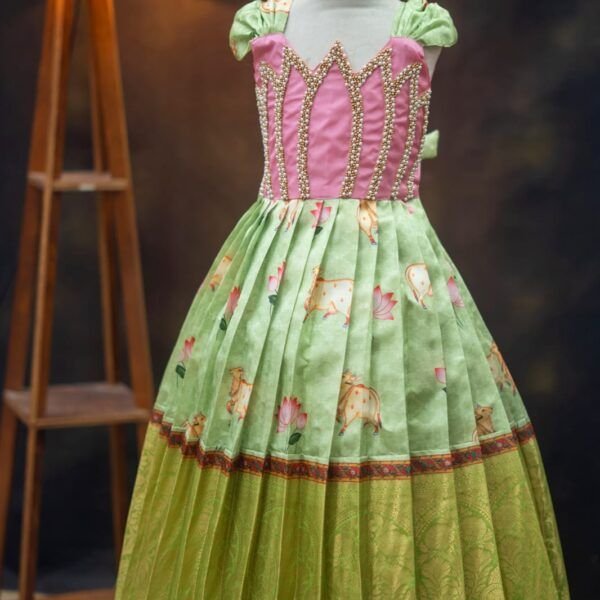 Pichwai Fabric Full Frock with Lotus Aari Work