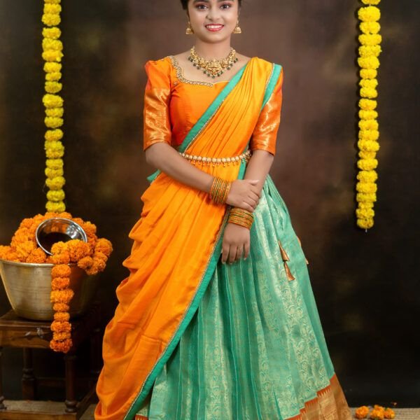 Semi Banarasi Lehenga with Aari Blouse & Lace Work Dupatta