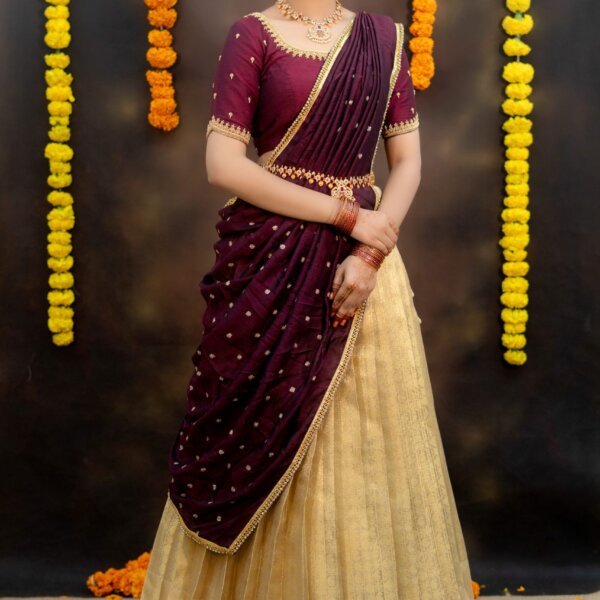 Prettypattu Maroon & Gold Festive Half Saree