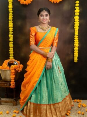 Semi Banarasi Lehenga with Aari Blouse & Lace Work Dupatta